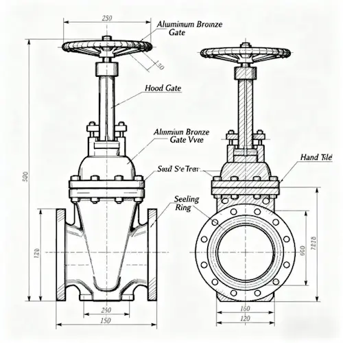 Diagrama de estructura de la válvula de compuerta de bronce de aluminio Vcore Valve