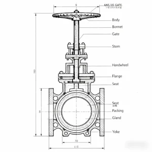 Structure diagram of ANSI/JIS gate valve, illustrating internal components and flow control mechanism Structure diagram of ANSI/JIS gate valve, illustrating internal components and flow control mechanism, Vcore valve