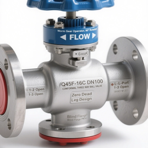 Conformal Three Way Ball Valve in an industrial system "Conformal Three Way Ball Valve in an industrial system, effectively controlling water, oil, and gas flow in pipelines."