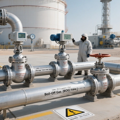 "Cryogenic Gate Valve installed in an LNG plant pipeline for precise flow control of cryogenic fluids." "Cryogenic Gate Valve installed in an LNG plant pipeline for precise flow control of cryogenic fluids."