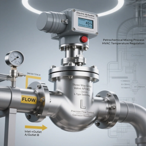 フランジ付き端部を備えた KEMUS 三方グローブバルブの正面図