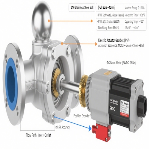 電動アクチュエータ付電動ボールバルブの断面図