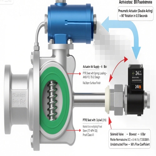 空気圧アクチュエートを備えた空気圧パイプボールバルブの断面図