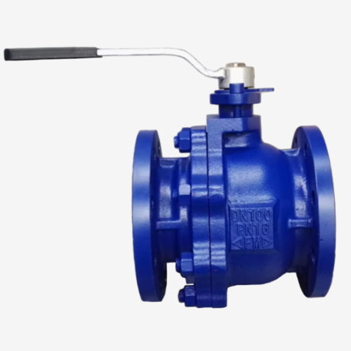 Rubber lined ball valve full view showing flanged ends and bonded lining