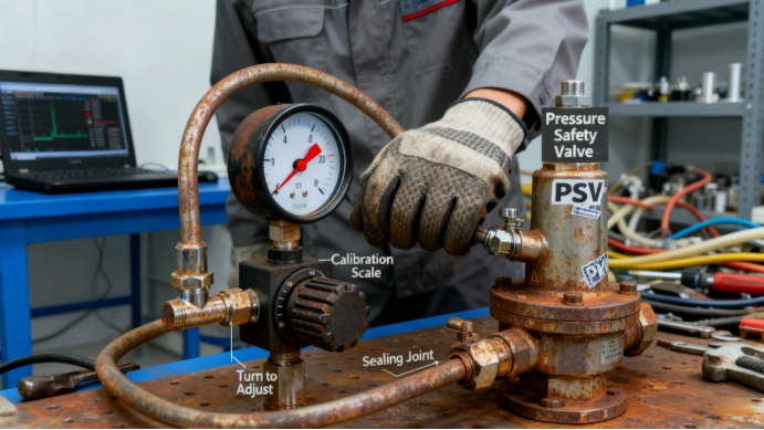 Pressure safety valve calibration process on industrial test bench