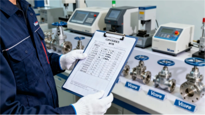 Image showing a technician reviewing a Valve Material Test Report (MTR) to ensure Vcore valve quality compliance
