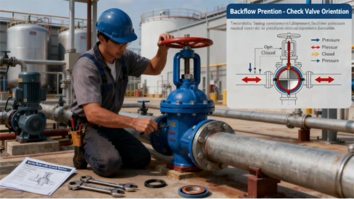 Check valve installation preventing backflow in industrial systems