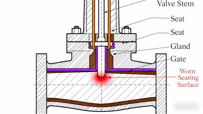 Cross sectional diagram of gate valve damaged seat causing incomplete closure