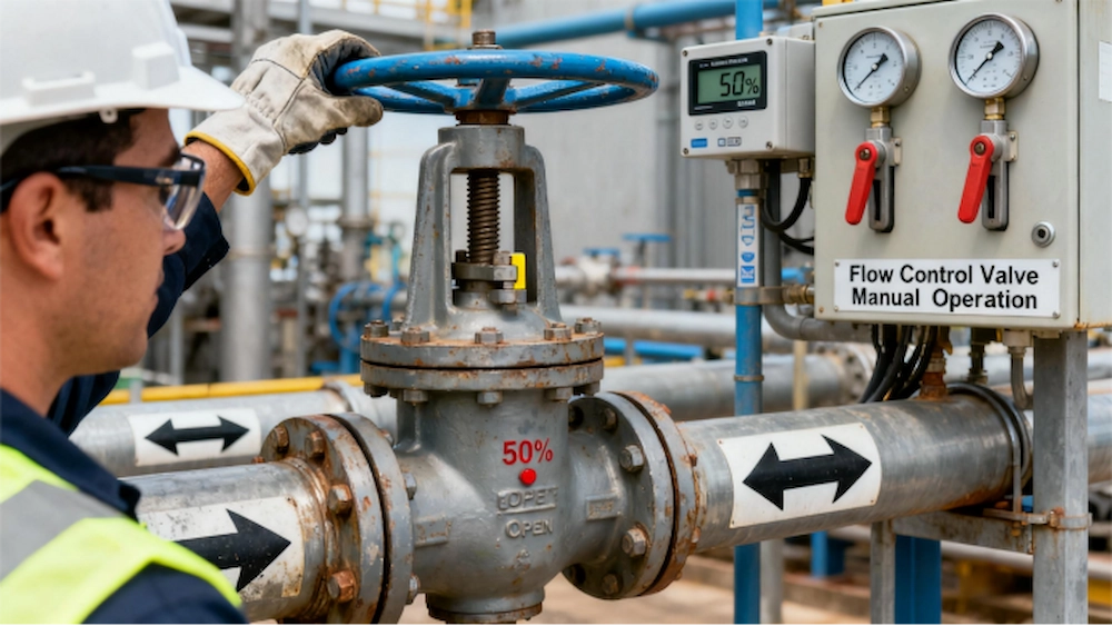 Operatore che utilizza una valvola manuale in un sistema di tubazioni industriali