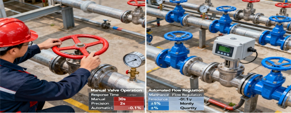 Automatic valve with actuator and sensors for automated flow regulation in industrial systems - Vcore valve