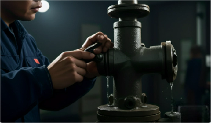 Technician inspecting and cleaning a gate valve that won’t close fully, focusing on the valve’s seating surface and surrounding system for maintenance