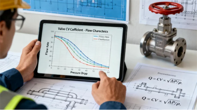 Engineer interpreting valve flow coefficient Cv chart for valve sizing