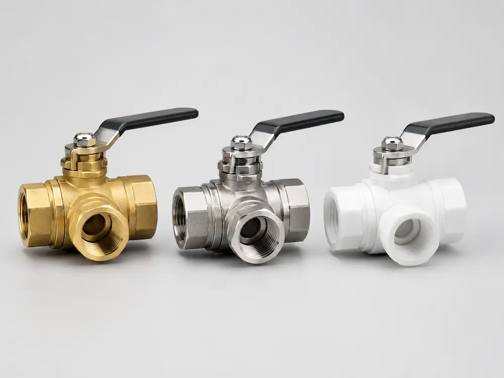 Material selection for 3-way ball valves including brass stainless steel and PTFE Material selection for 3-way ball valves including brass stainless steel and PTFE