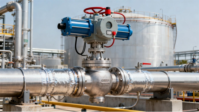 Industrial globe valve installed in chemical process piping for material and service review