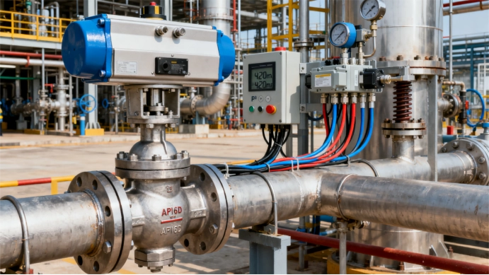 Pneumatically actuated globe valve installed in a petrochemical process pipeline