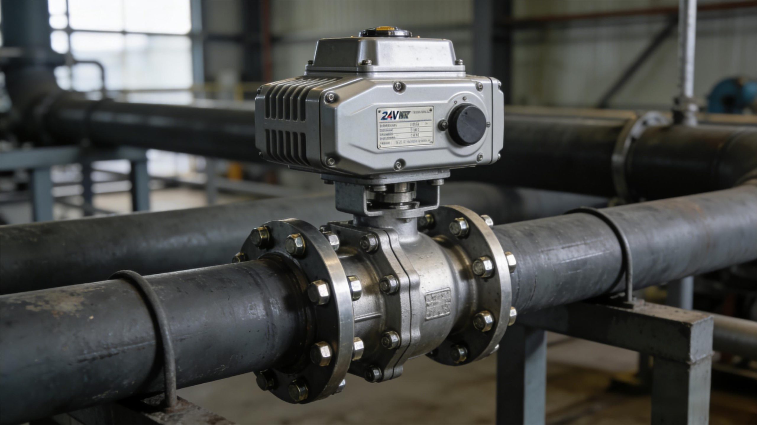 24V DC actuator valve installed in an industrial pipeline for fluid flow regulation