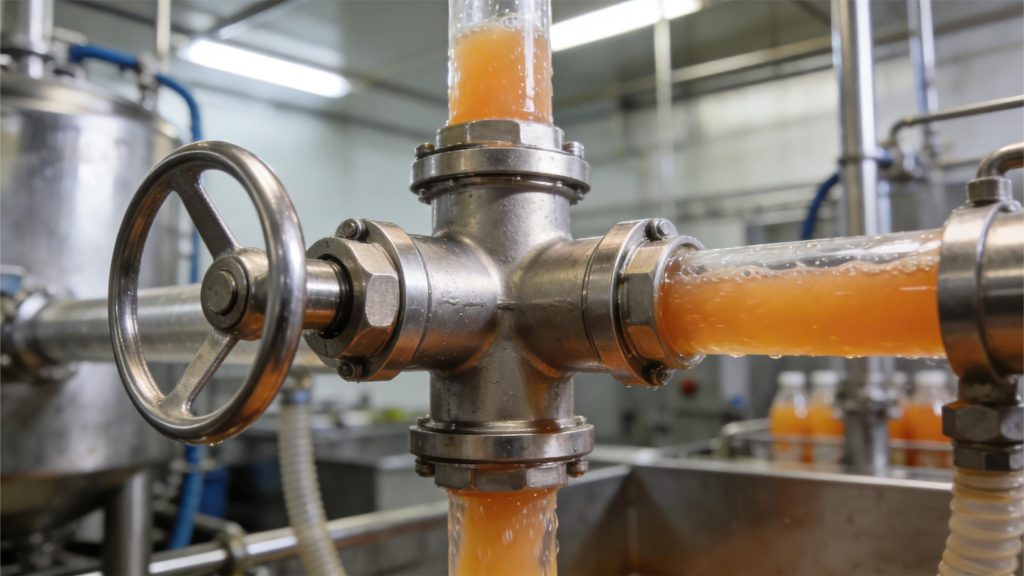 3-way ball valve installed in a food processing plant for juice flow redirection