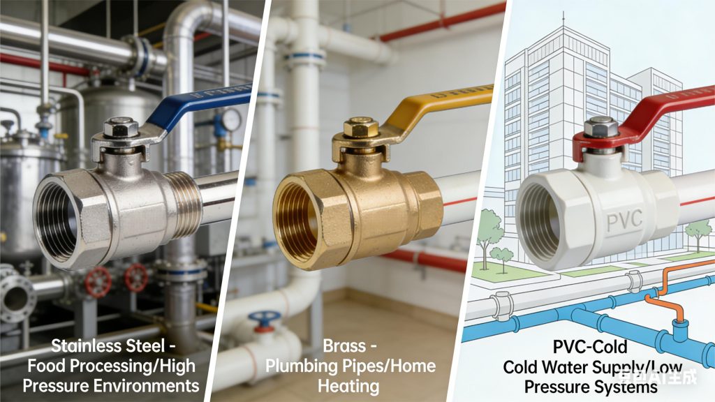 Ball valve material options: stainless steel, brass, and PVC for different applications