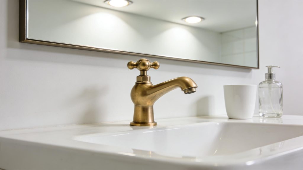 Латунный шаровой смеситель, установленный на современном туалетном столике в ванной комнате.