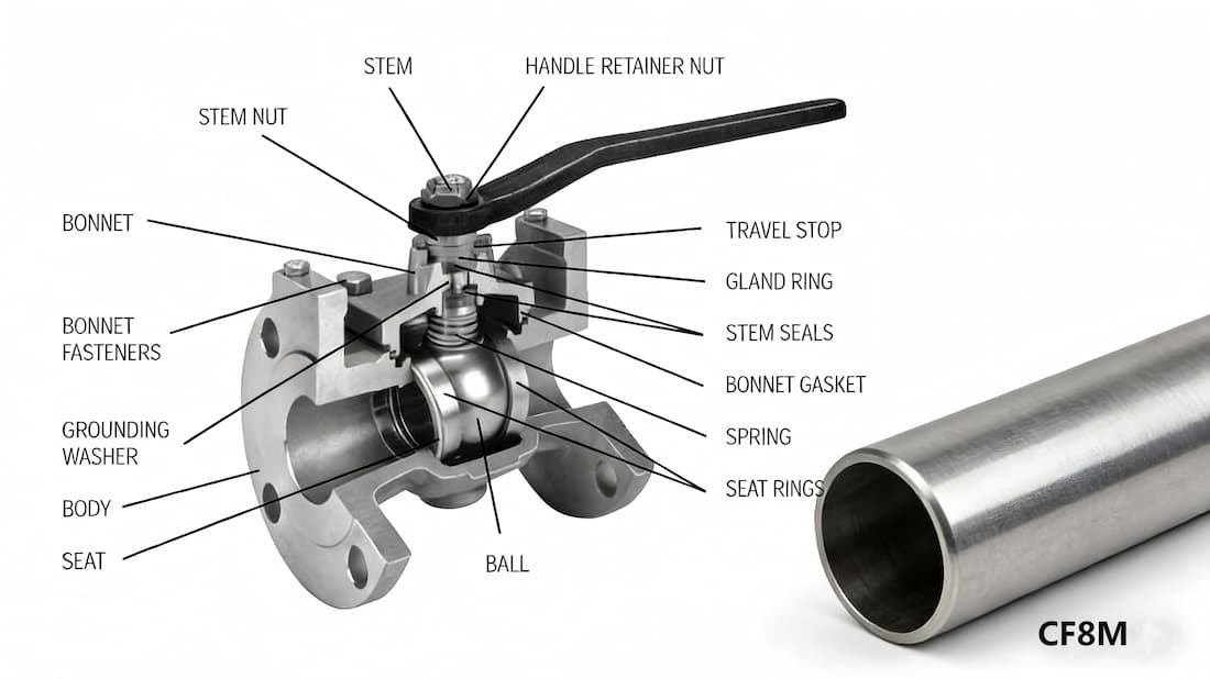 Sơ đồ cấu tạo van bi CF8M