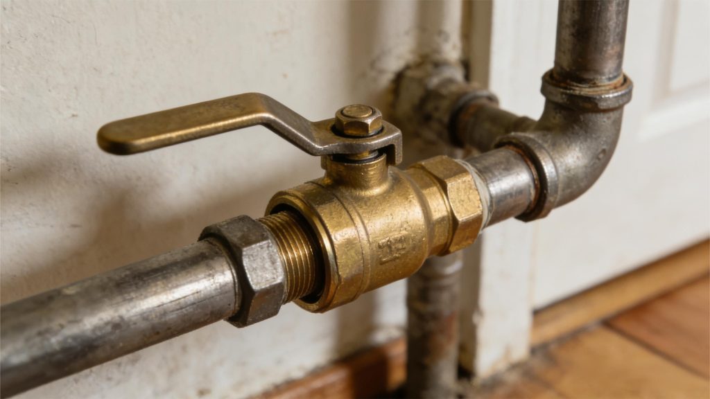 Installed brass ball valve in a residential plumbing system