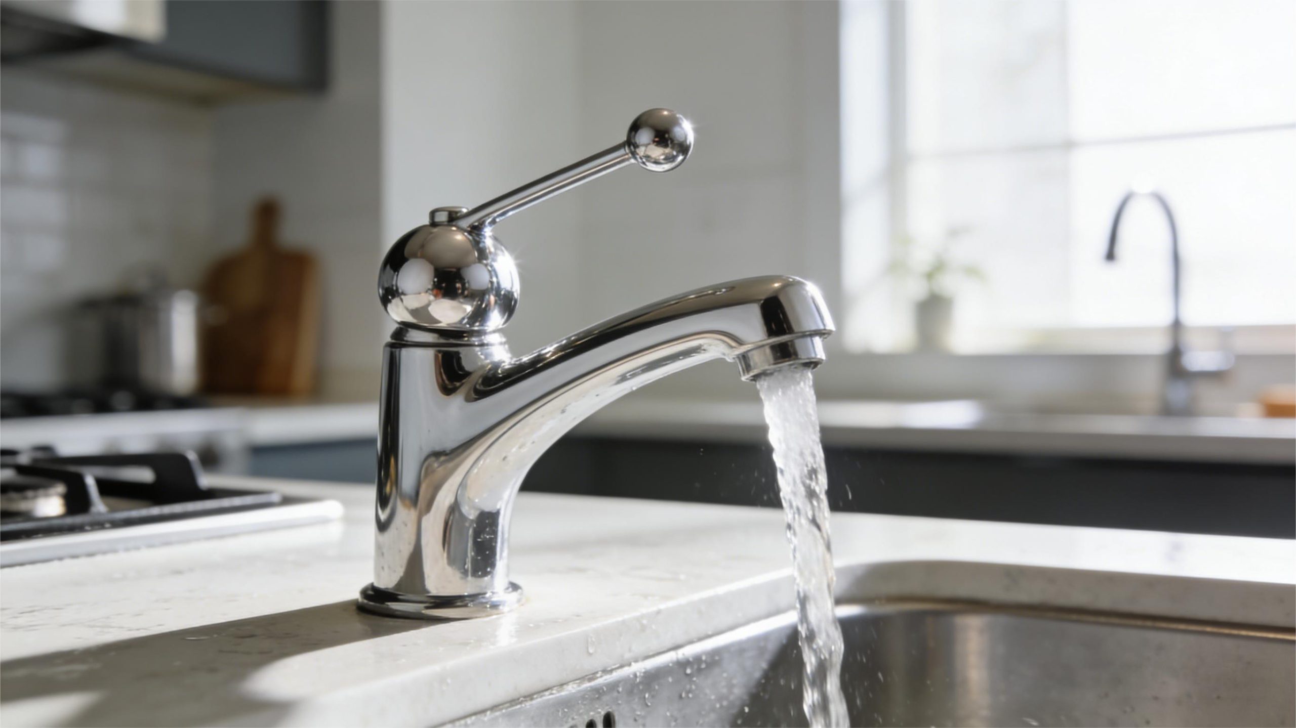 Modern ball-type faucet with single handle on a kitchen sink