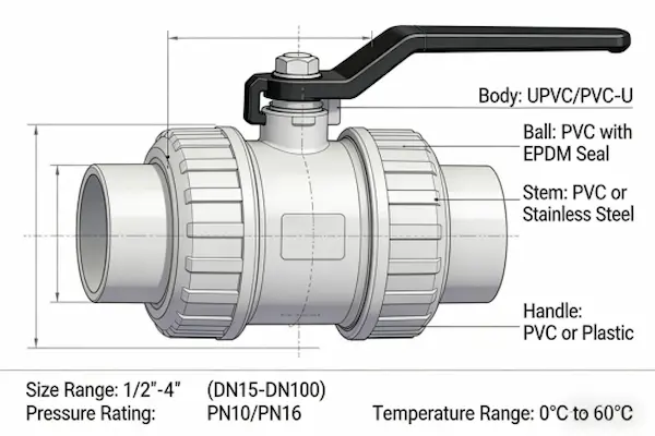 Estructura de válvula de bola de PVC.