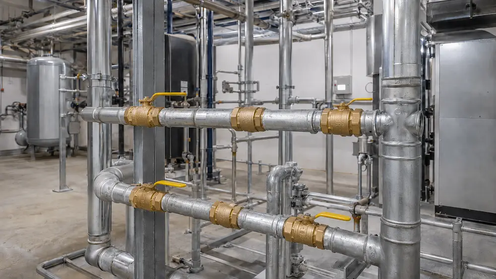 Brass valves installed in industrial water and HVAC pipeline system Brass valves installed in industrial water and HVAC pipeline system