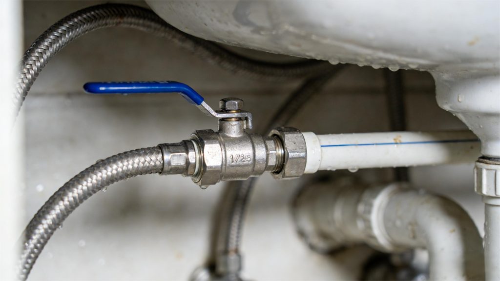 1/2 Inch Mini Ball Valve installed in under-sink cabinet for water flow control