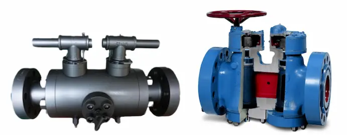 Interne Struktur eines Doppelblock- und Entlüftungsventils mit Doppelblocksitzen und Entlüftungsanschluss