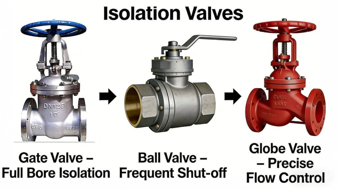 Isolation valve types including gate valves, ball valve and globe valve