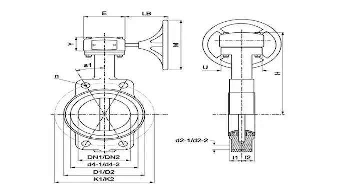 แผนผังโครงสร้างวาล์วผีเสื้อแบบกึ่งดึง