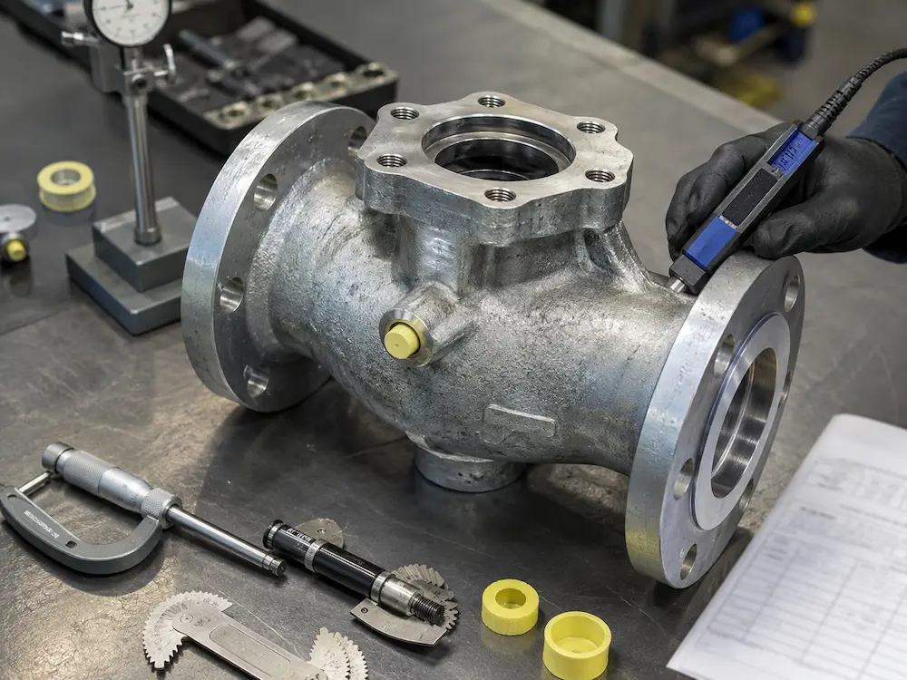 Inspection of masked flange faces, threads, bores and coating thickness on a galvanized valve body