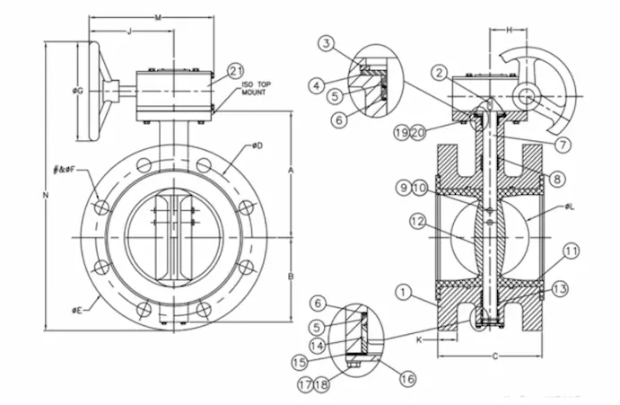struktur katup kupu-kupu yang dioperasikan dengan roda gigi