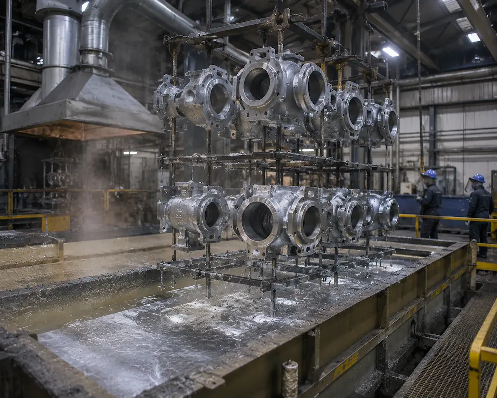 Disassembled steel valve components undergoing controlled hot-dip galvanizing