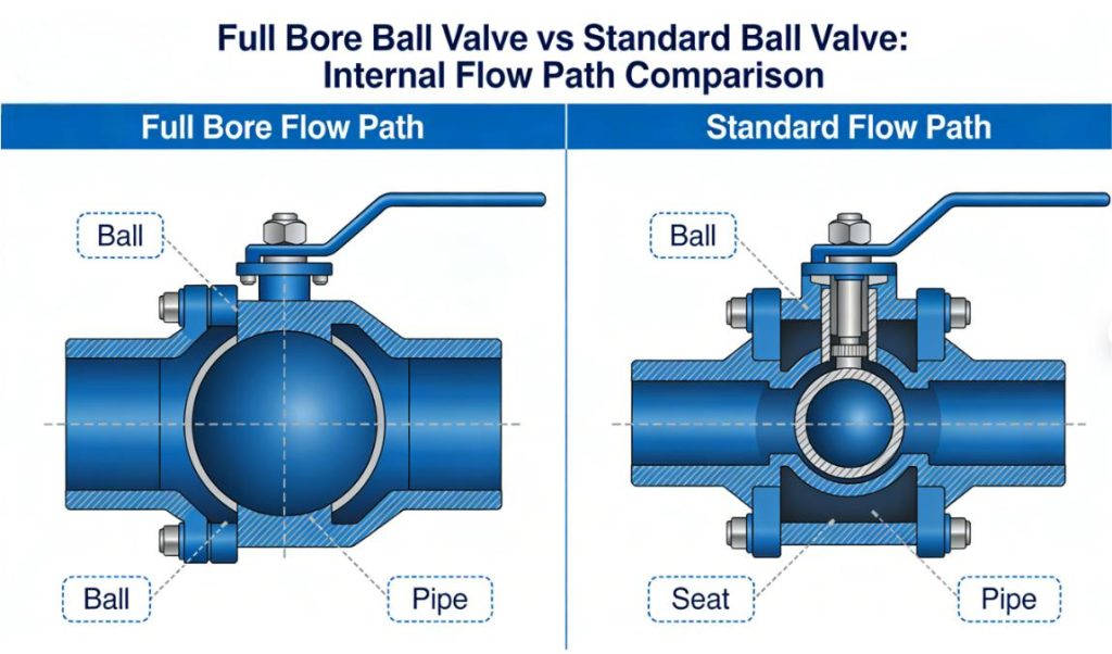 The Full Port Ball Valve vs standard ball valve—internal flow path comparison
