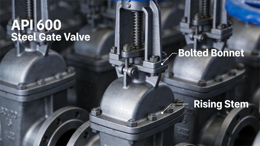 วาล์วประตูเหล็กตามมาตรฐาน API 600 พร้อมฝากระโปรงแบบเกลียวและก้านยกสูง