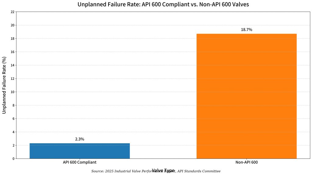 แผนภูมิแท่งแสดงอัตราความล้มเหลวโดยไม่ได้วางแผนของวาล์วที่เป็นไปตามมาตรฐาน API 600 เทียบกับวาล์วที่ไม่เป็นไปตามข้อกำหนด
