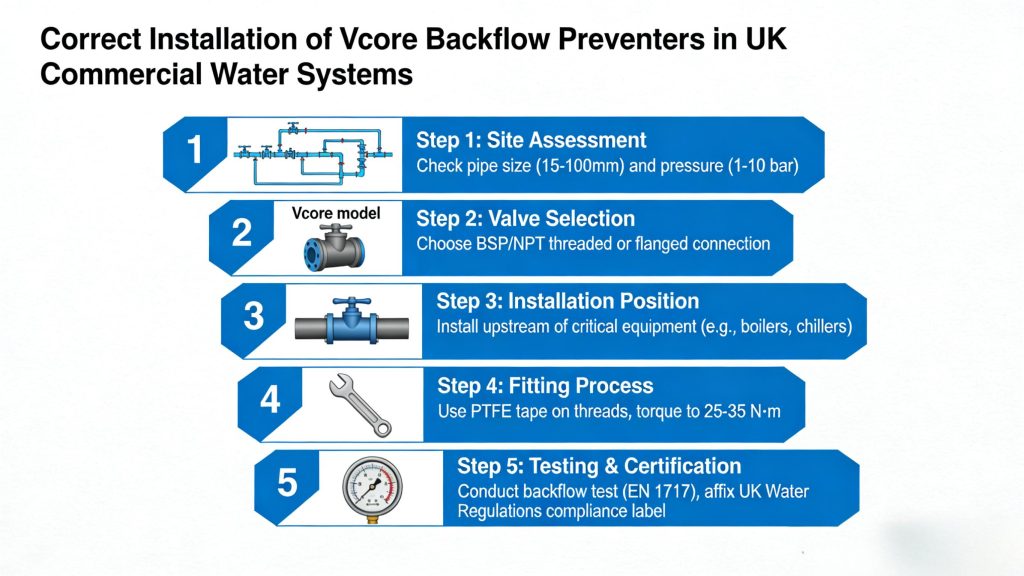 Правильная установка устройств предотвращения обратного потока Vcore в коммерческой системе водоснабжения Великобритании.