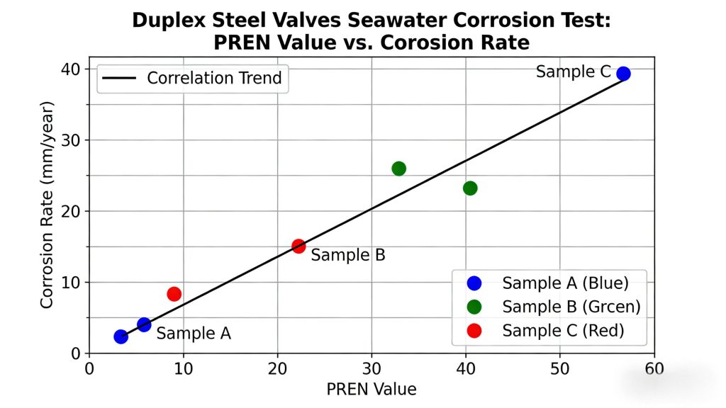 Biểu đồ dữ liệu thử nghiệm ăn mòn nước biển của Van thép đôi - So sánh giá trị PREN và tốc độ ăn mòn Biểu đồ dữ liệu thử nghiệm ăn mòn nước biển của Van thép đôi - So sánh giá trị PREN và tốc độ ăn mòn