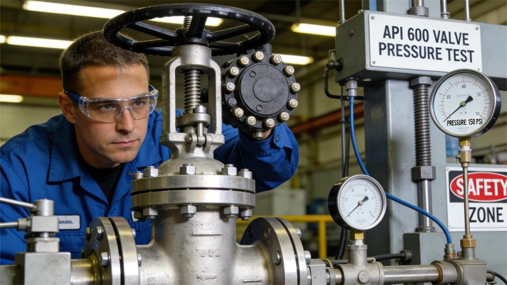 วิศวกรทำการทดสอบแรงดันกับวาล์วประตูตามมาตรฐาน API 600