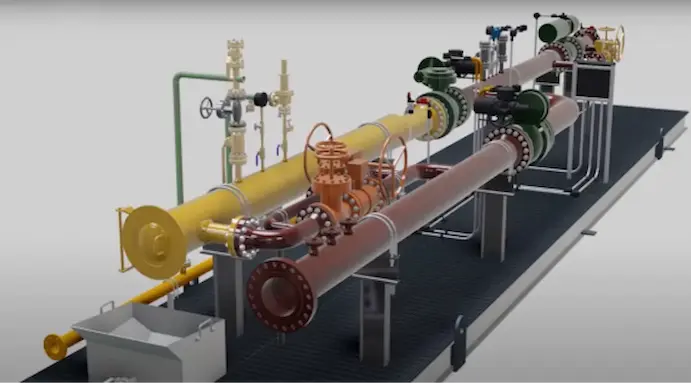 Inspection pig passing through a piggable valve during pipeline inspection.