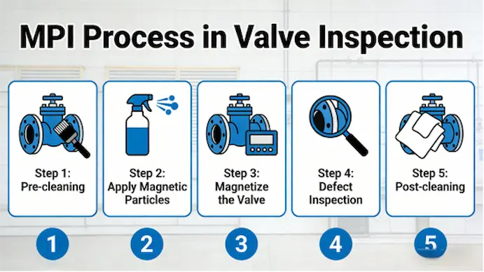 Magnetic Particle Inspection process for detecting surface defects in industrial valves.