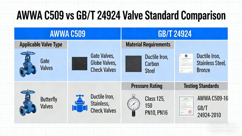AWWA C509와 GB/T 24924 밸브 표준 비교 차트 AWWA C509와 GB/T 24924 밸브 표준 비교 차트