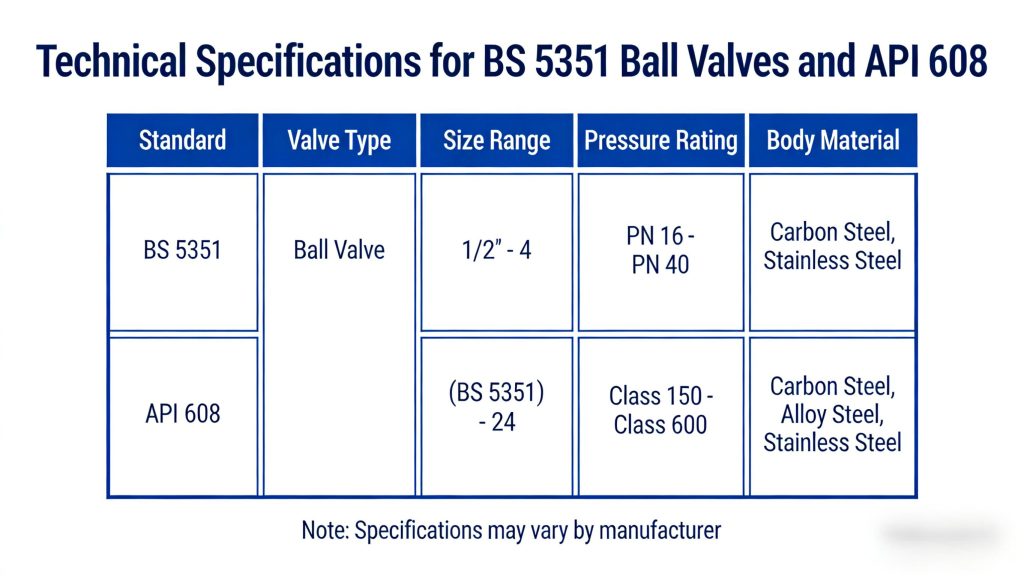 Tabel spesifikasi teknis untuk Ball Valves BS 5351 dan API 608