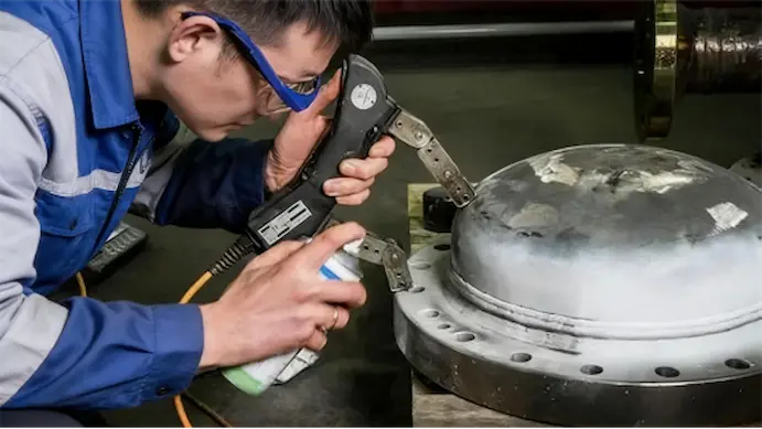 Magnetic Particle Inspection highlighting cracks and flaws in a valve component.