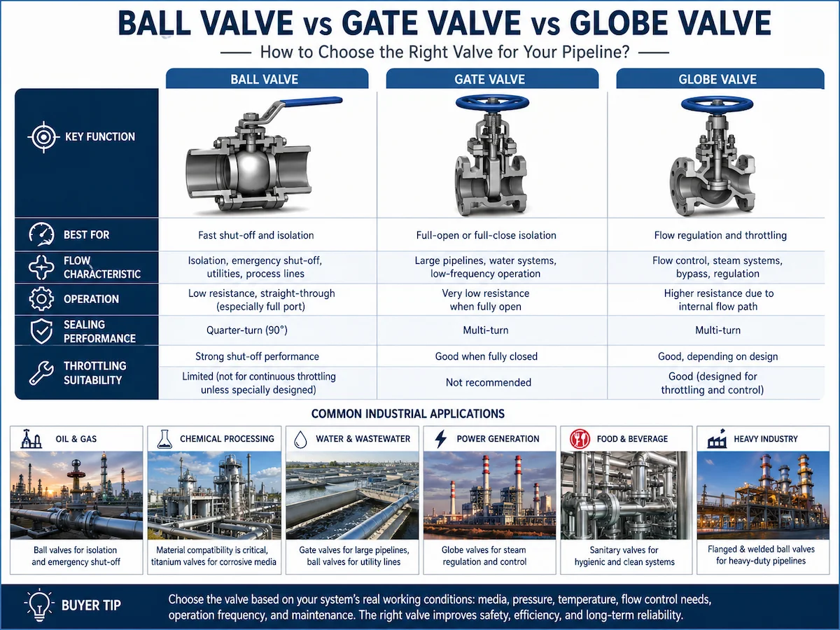 Ball valve vs gate valve vs globe valve industrial comparison guide showing functions Ball valve vs gate valve vs globe valve industrial comparison guide showing functions, flow characteristics, throttling suitability, and common applications.