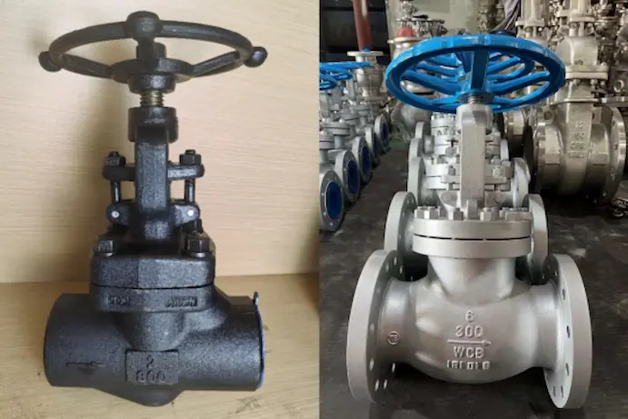 Side-by-side comparison of a forged steel valve (left) and a cast steel valve (right Side-by-side comparison of a forged steel valve (left) and a cast steel valve (right), highlighting design and material differences