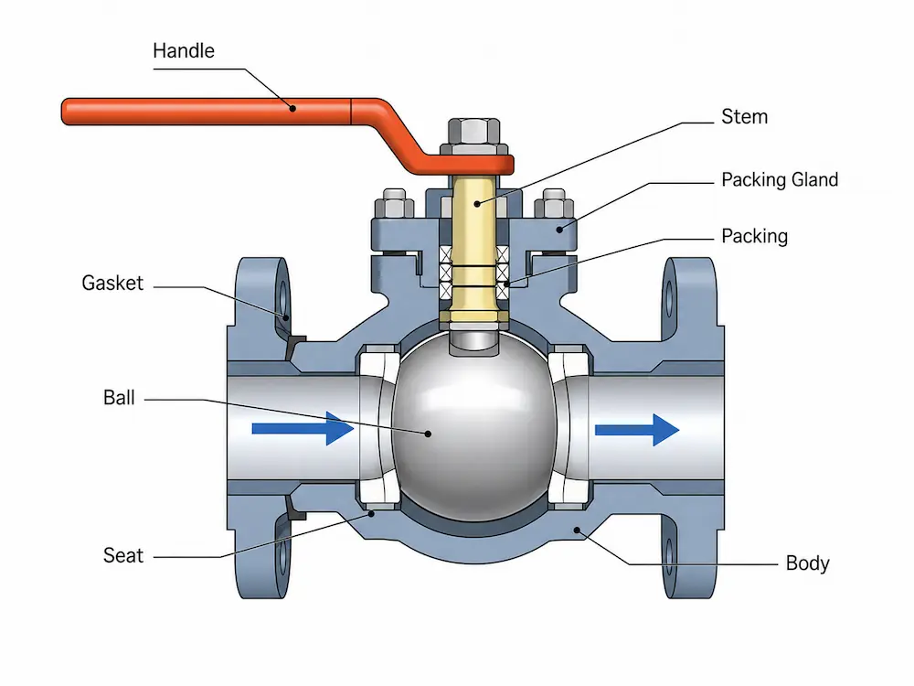 Cấu trúc bên trong van bi công nghiệp cho thấy mặt ngồi và khu vực thân van có lỗ khoan bằng nhựa PTFE