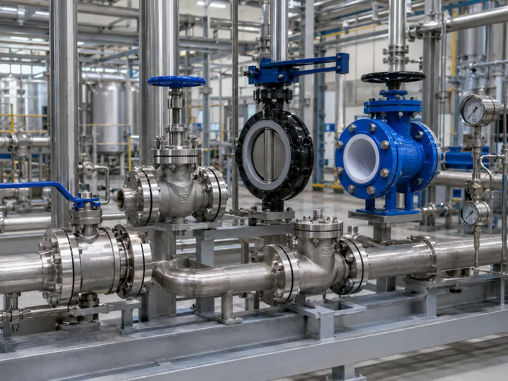 Válvulas industriais para processamento químico em um sistema de tubulação de uma planta química